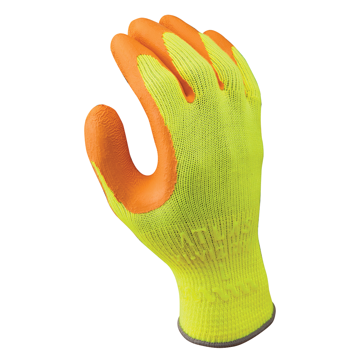 General purpose, palm coated, orange natural rubber, wrinkle finish, ergonomic seamless Hi-Viz bright yellow knitted liner,  large - General Purpose
